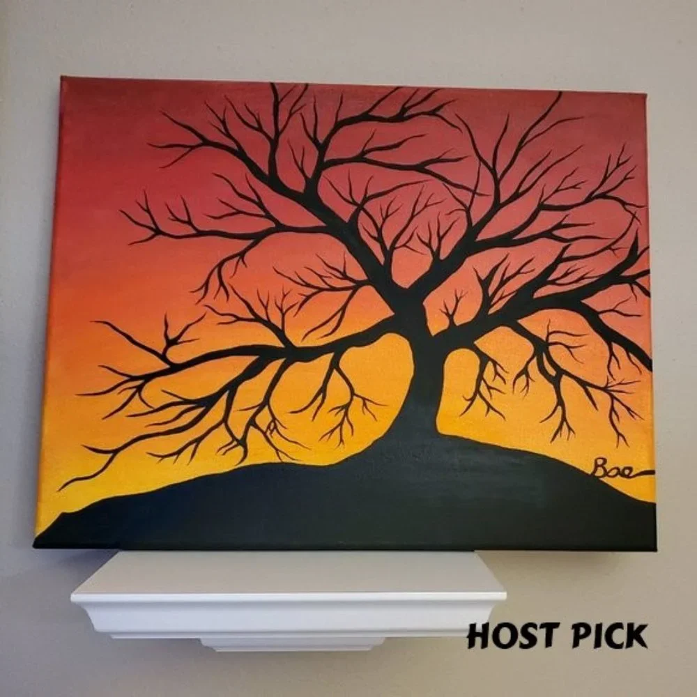 Black Tree Silhouette at Sunset Acrylic Painting